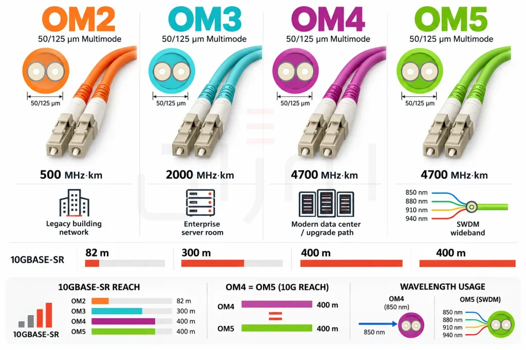 مقایسه فیبرهای OM2، OM3، OM4 و OM5 - مقایسه OM2، OM3، OM4 و OM5؛ تفاوت سرعت، برد و کاربرد